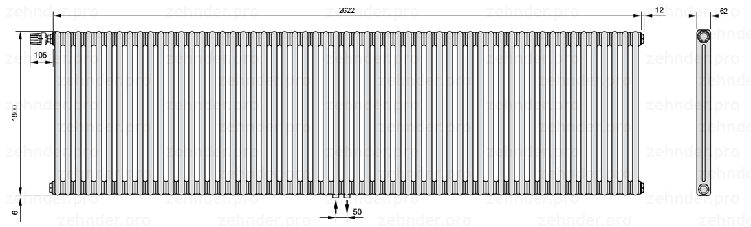 Схема (чертеж) Радиатор Zehnder Charleston 2180/57 №V007 Technoline TL